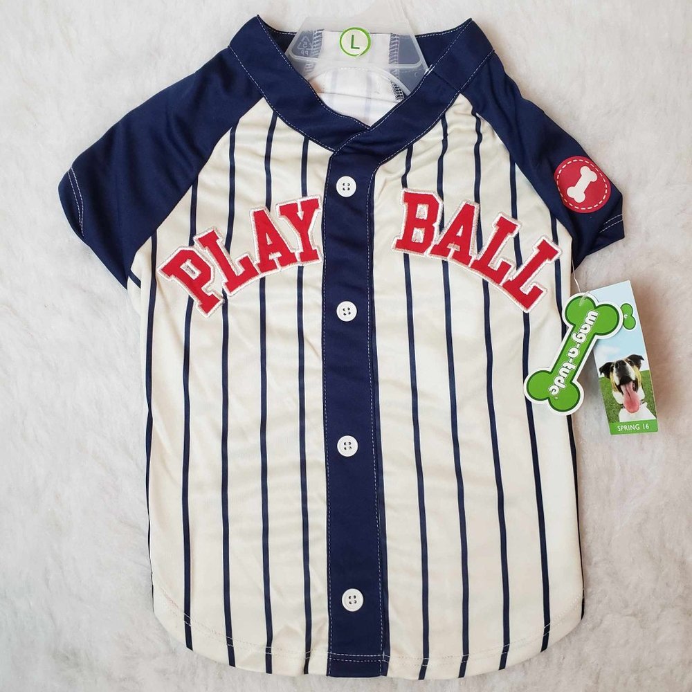 Wag-a-Tude Dog Blue Striped Baseball "Play Ball" Jersey Shirt - Size Large